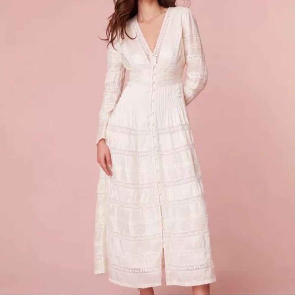 $695 NWT LoveshackFancy Ellitia Victorian Lace Maxi Dress in Antique White XS